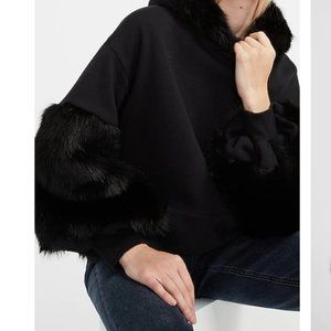 Cozy Faux Fur Trim Hoodie  Small Black
